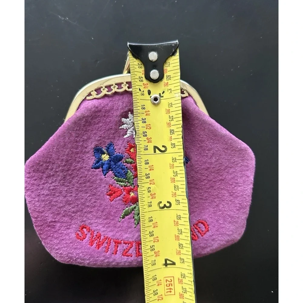 Coin Purse Purple Leather Kiss Close Small Switzerland Floral Print Embroidered